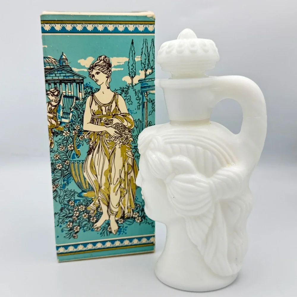 Vintage Avon Grecian Pitcher Skin So Soft Bath Oil White Milk Glass Decanter Box